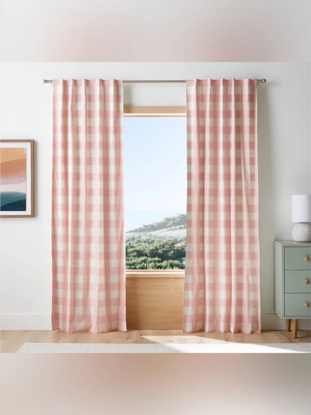 Crate&Barrel Pink and Cream Buffalo-Check Curtain Panels